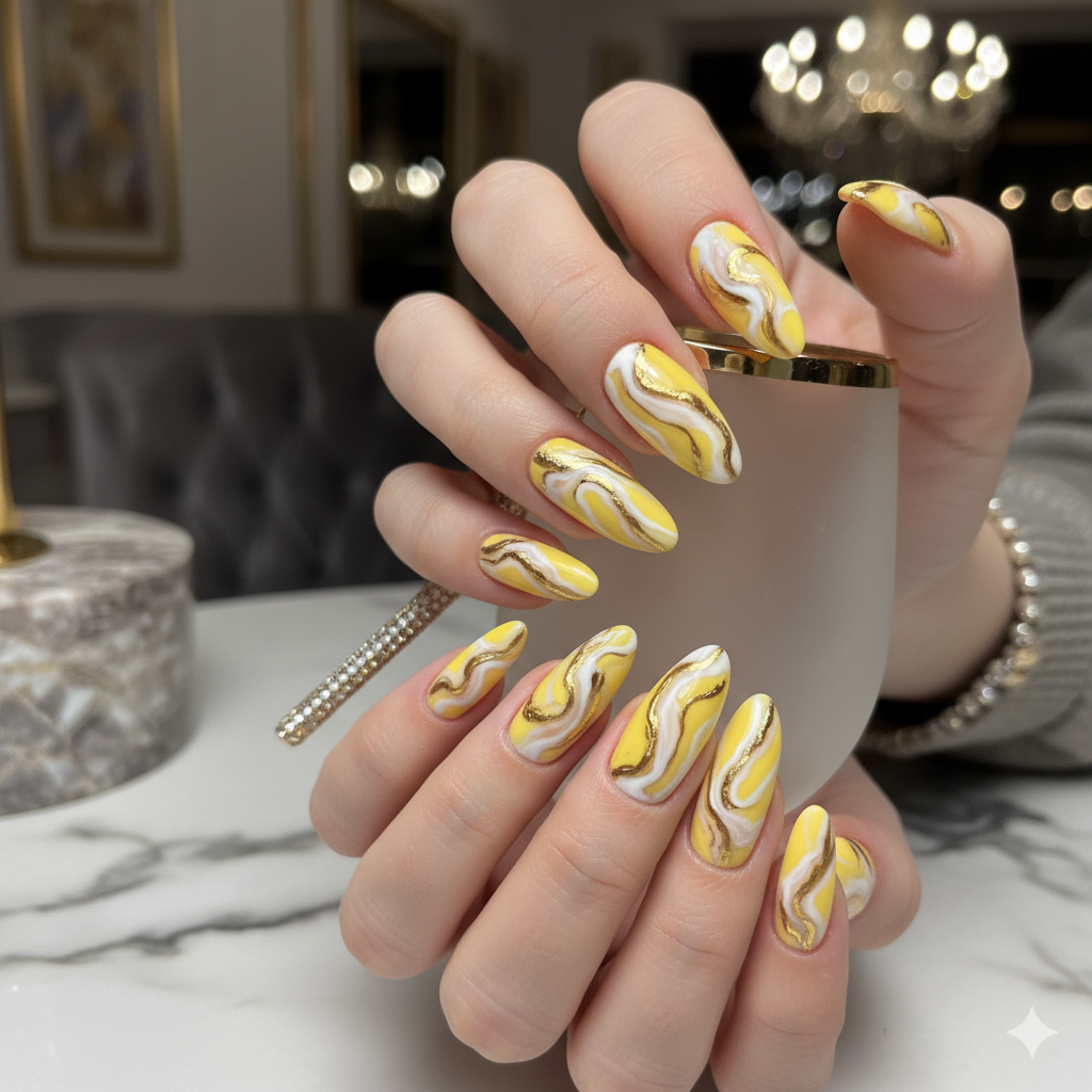 Yellow Marble Nails - Yellow Nail Designs