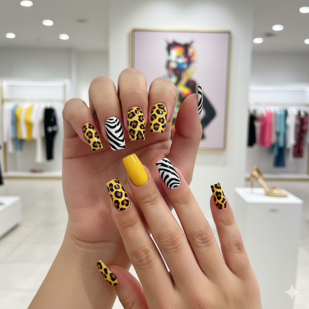 Yellow Nails with Animal Prints