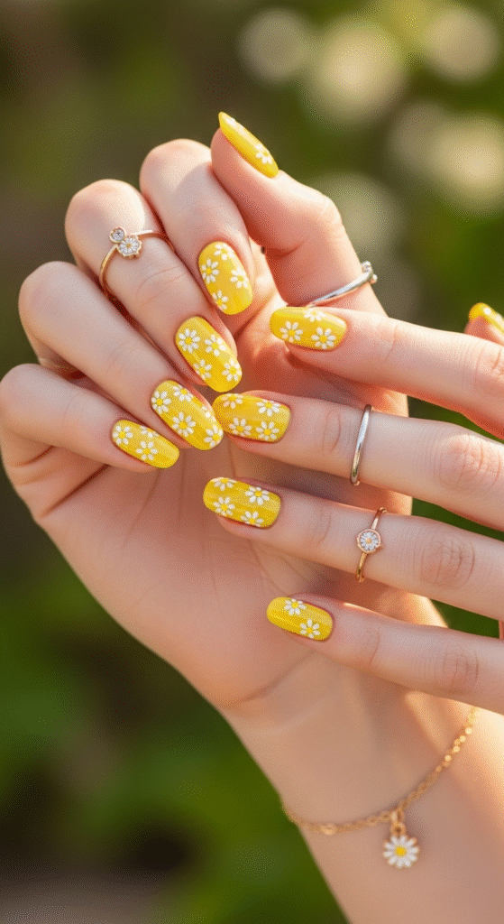 Yellow Nails with Floral Designs