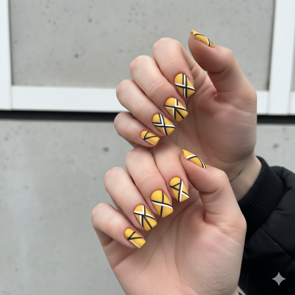Yellow Nails with Geometric Patterns