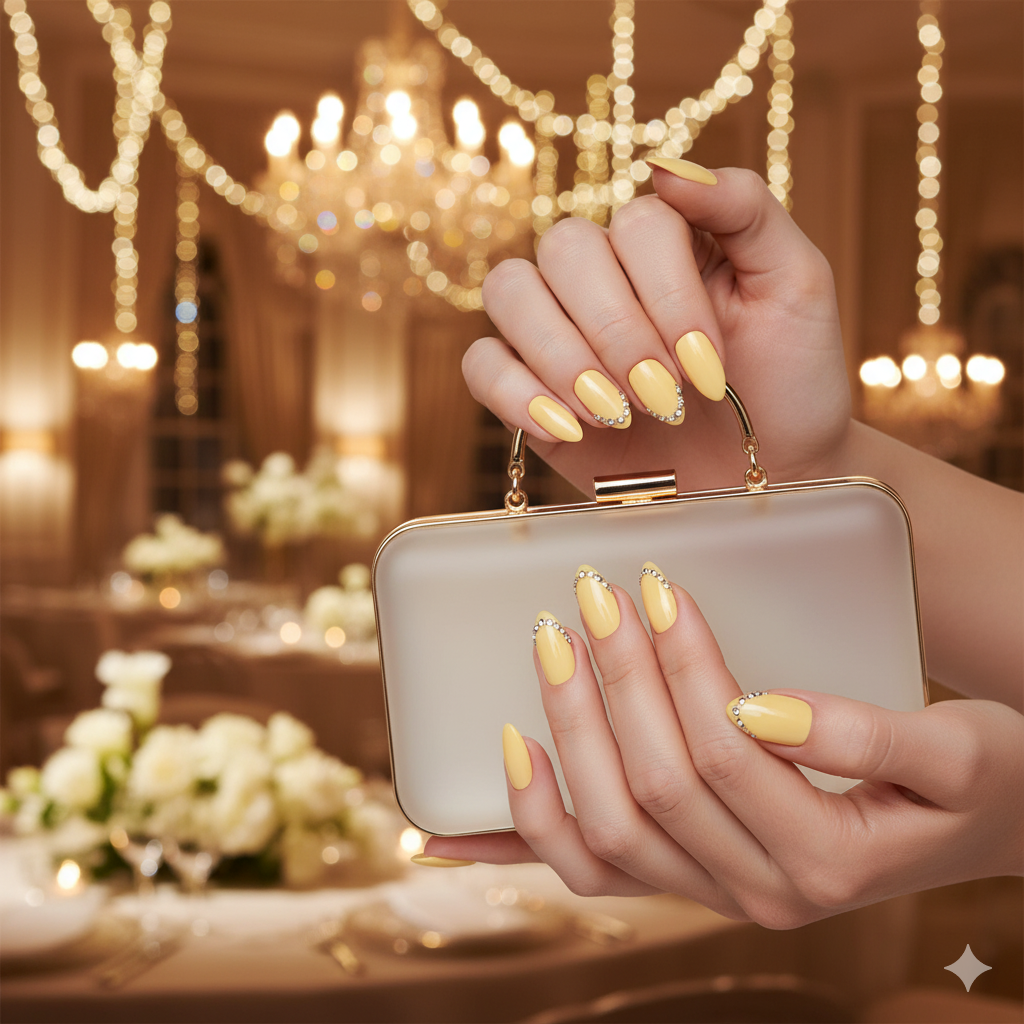 Yellow Nails with Rhinestones