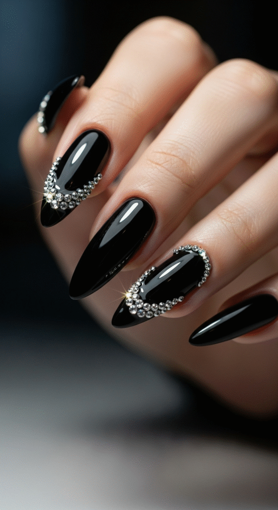 Black Nails with Rhinestones