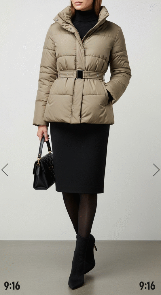 Belted Puffer Jacket with Pencil Skirt