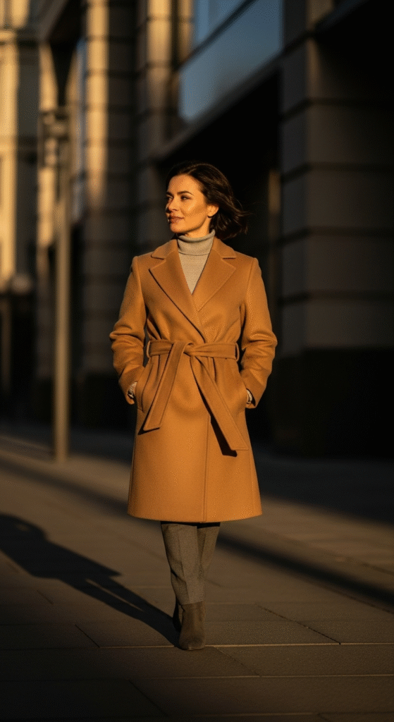 Belted Wool Coat with Slim Trousers