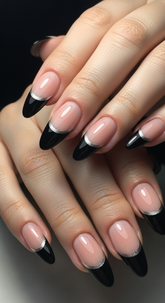 Black French Tips with Glitter Edges