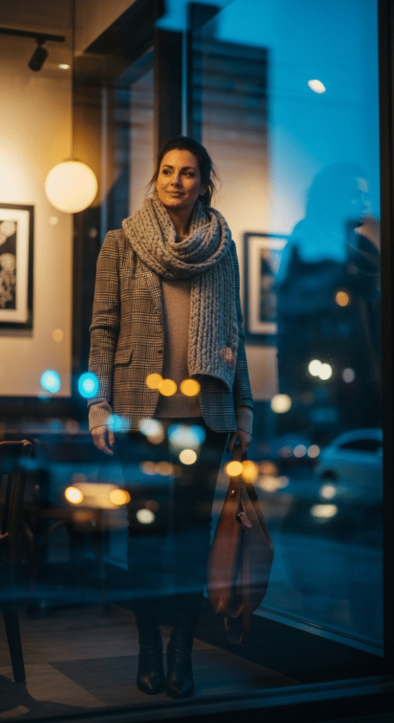 Blazer over Sweater and Scarf Combo