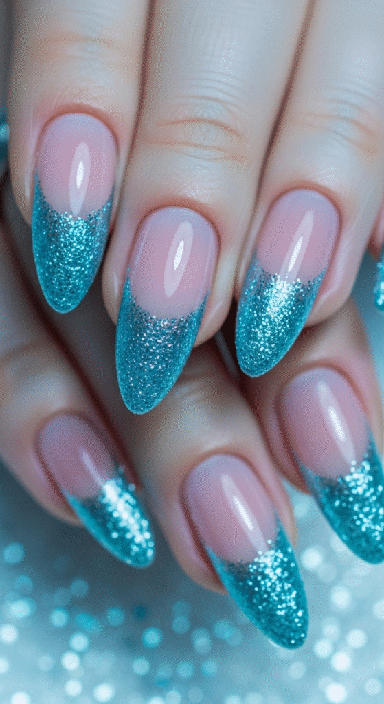 Blue Glitter French Tips for Cool Elegance
