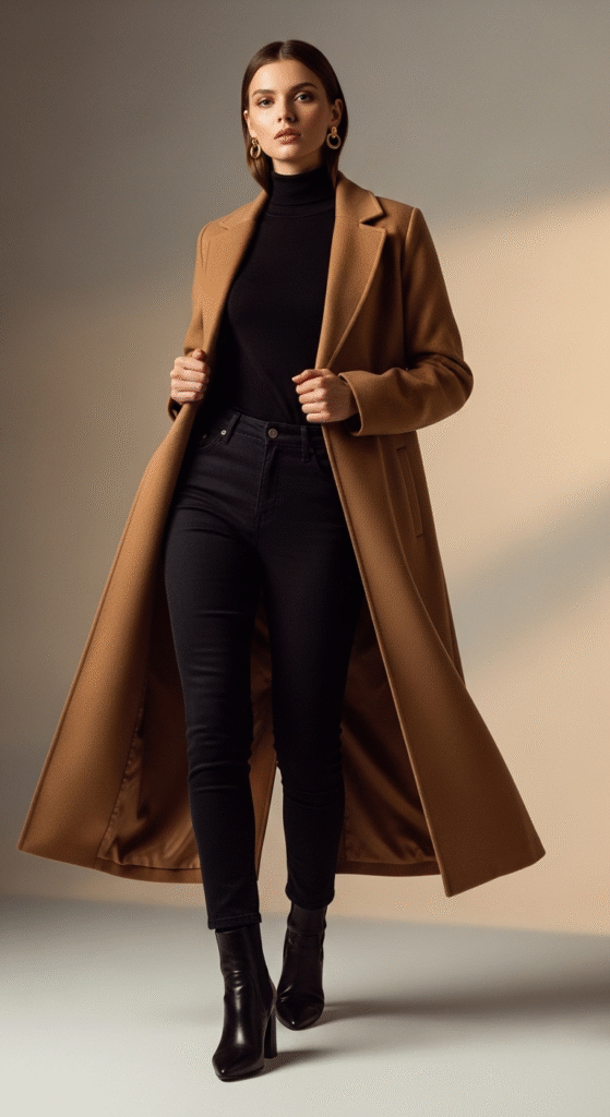 Camel Coat with All-Black Ensemble