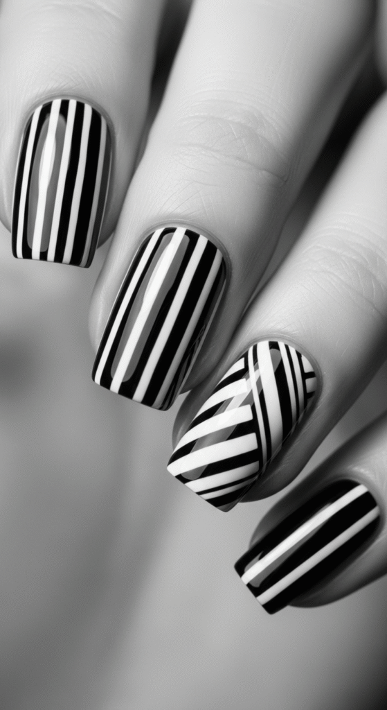Classic Black and White Lines - Easy Line Nail Designs - Easy Line Nail Designs