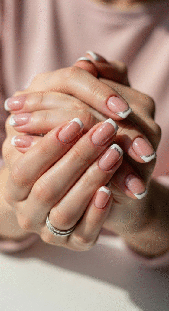 Classic White French Tip with Silver Glitter - French Tip Nail Designs with Glitter
