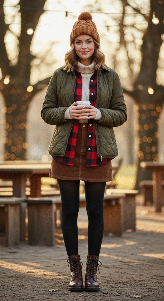 Corduroy Skirt with Flannel Shirt
