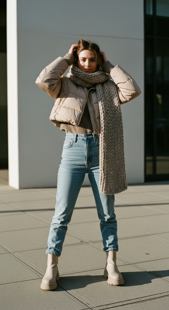 Cropped Puffer Jacket with High-Waist Jeans