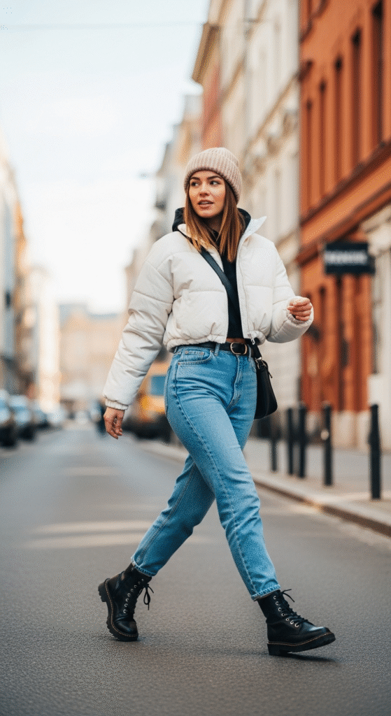 Cropped Puffer with High-Waist Jeans