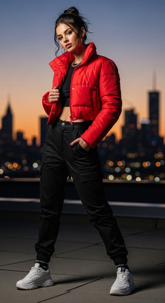Cropped Puffer with High-Waist Pants
