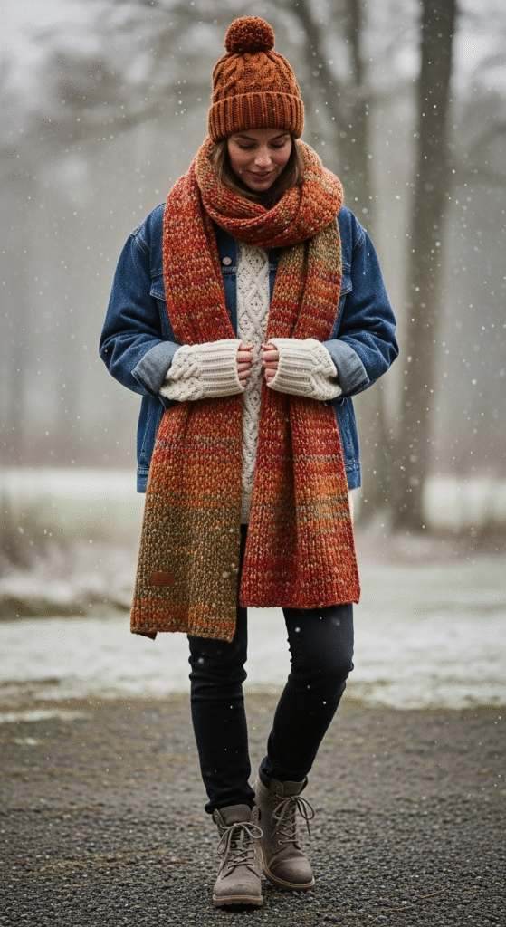 Denim Jacket with Wool Scarf and Beanie