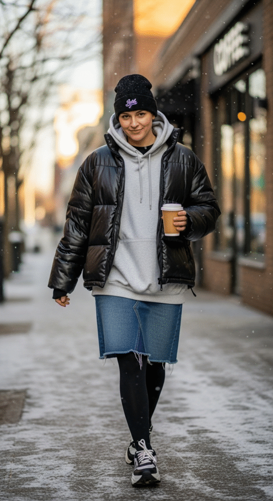 Denim Skirt with Oversized Hoodie