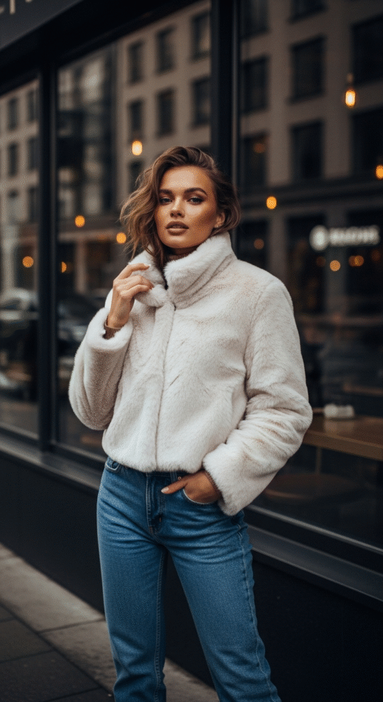 Faux Fur Jacket with Straight-Leg Jeans