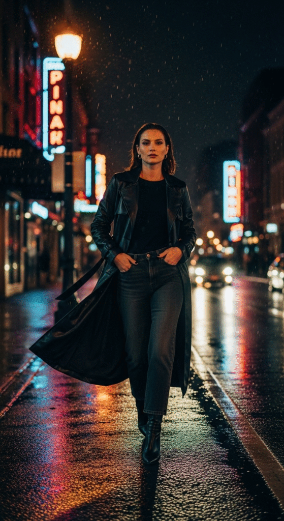 Faux Leather Trench Coat with Jeans