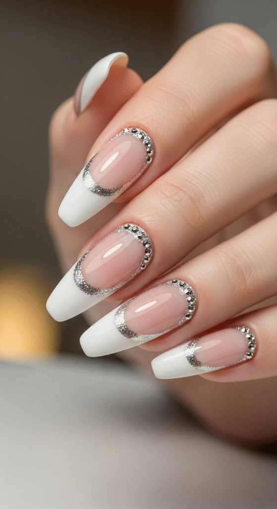 Glitter French Tips with Rhinestones