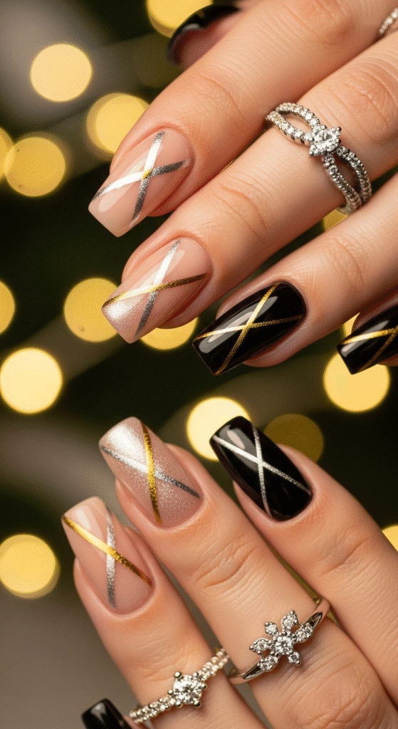 Gold Foil and Metallic Line Accents -Easy Line Nail Designs - Easy Line Nail Designs