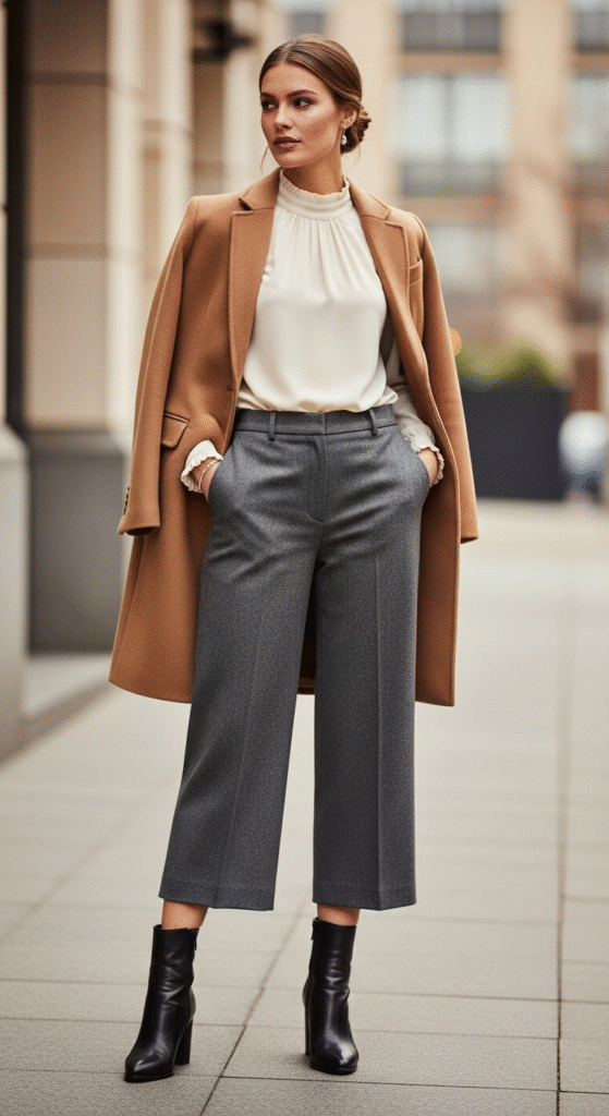 High-Neck Blouse with Cropped Trousers