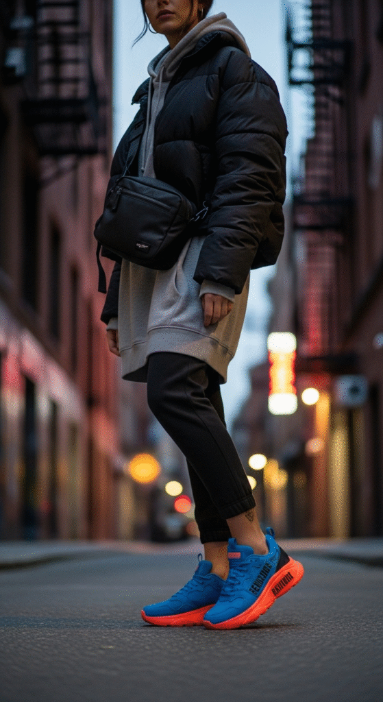 Layered Streetwear with Statement Sneakers