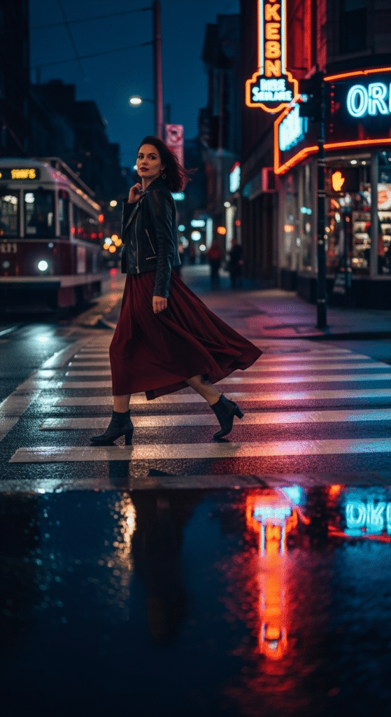Leather Jacket with Turtleneck and Midi Skirt