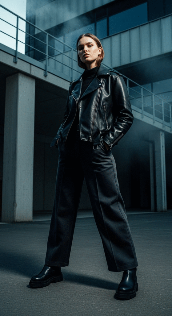Leather Jacket with Wide-Leg Trousers