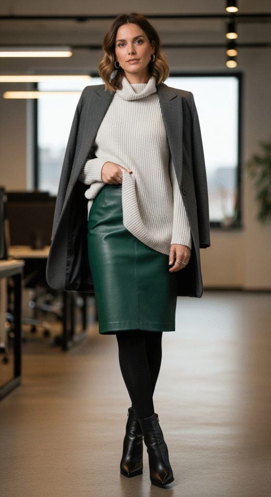 Leather Skirt with Knit Top