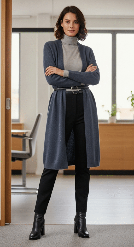 Longline Cardigan with Slim Pants - Stylish Winter Outfits for Work