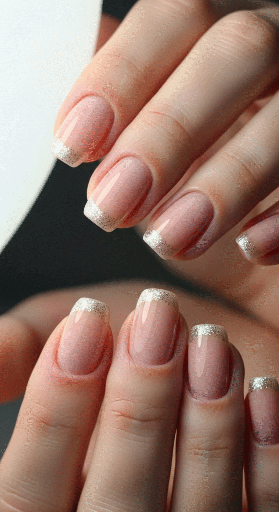 Minimal Nude French Tips with Subtle Glitter