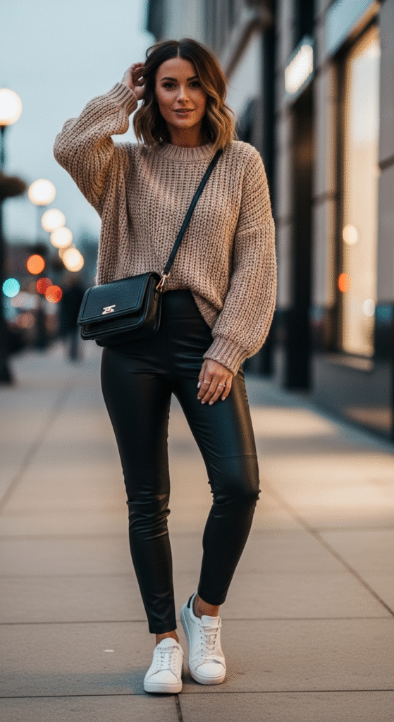 Oversized Sweater with Leather Leggings - Affordable Winter Outfits for Women