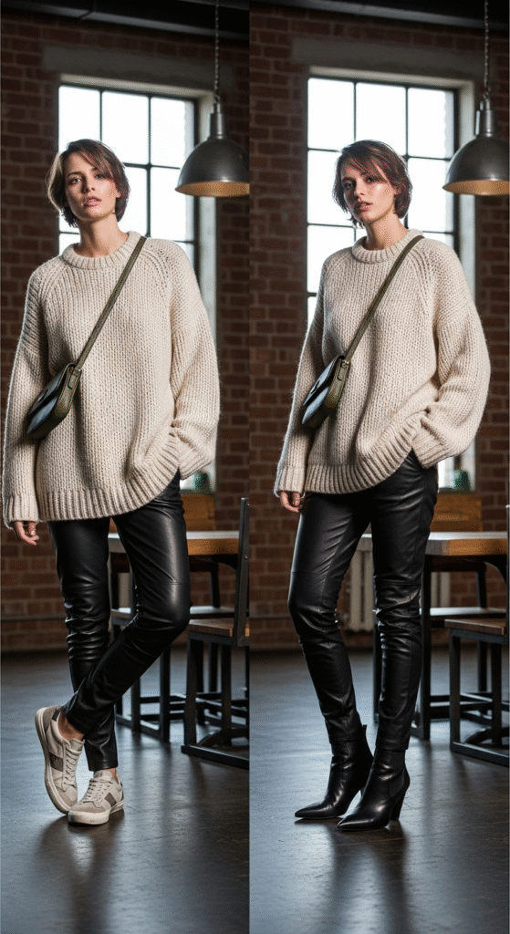 Oversized Sweater with Leather Pants
