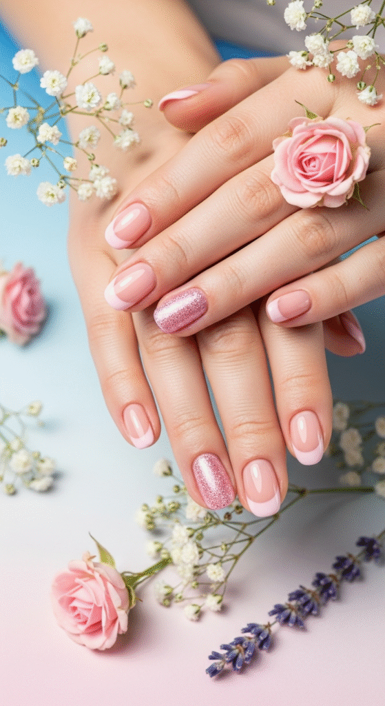 Pink French Tips with Glitter Shine