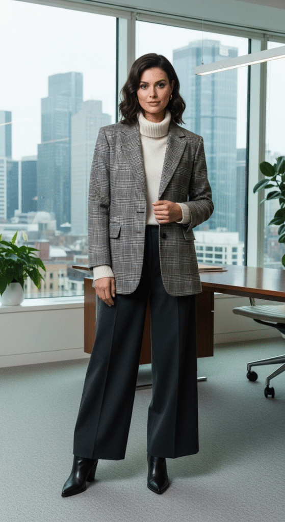 Plaid Blazer with Wide-Leg Pants