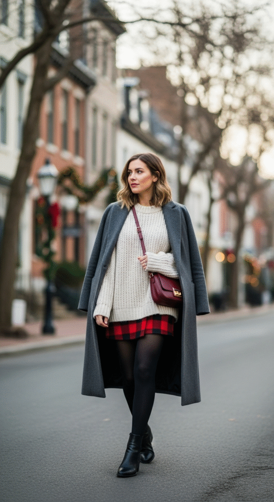 Plaid Mini Skirt with Chunky Sweater - Chic Winter Outfits with Skirts & Tights