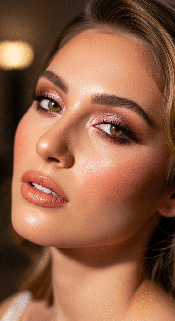 Rose Gold Shimmer with Peach Nude Lips - Soft Glam Eye Makeup with Nude Lips