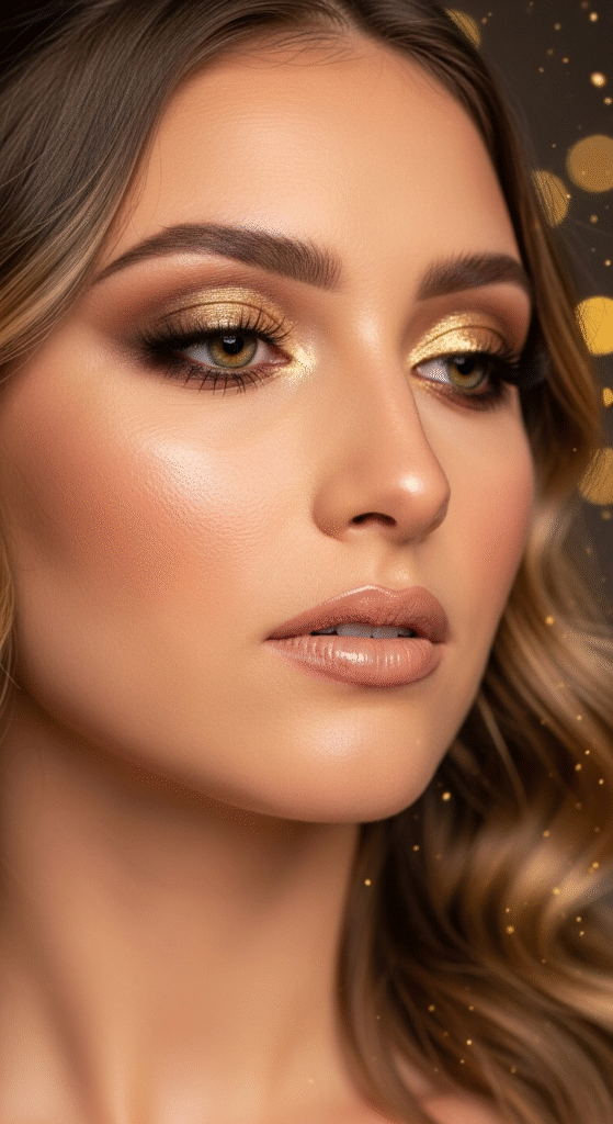 Soft Gold Glitter with Beige Nude Lips