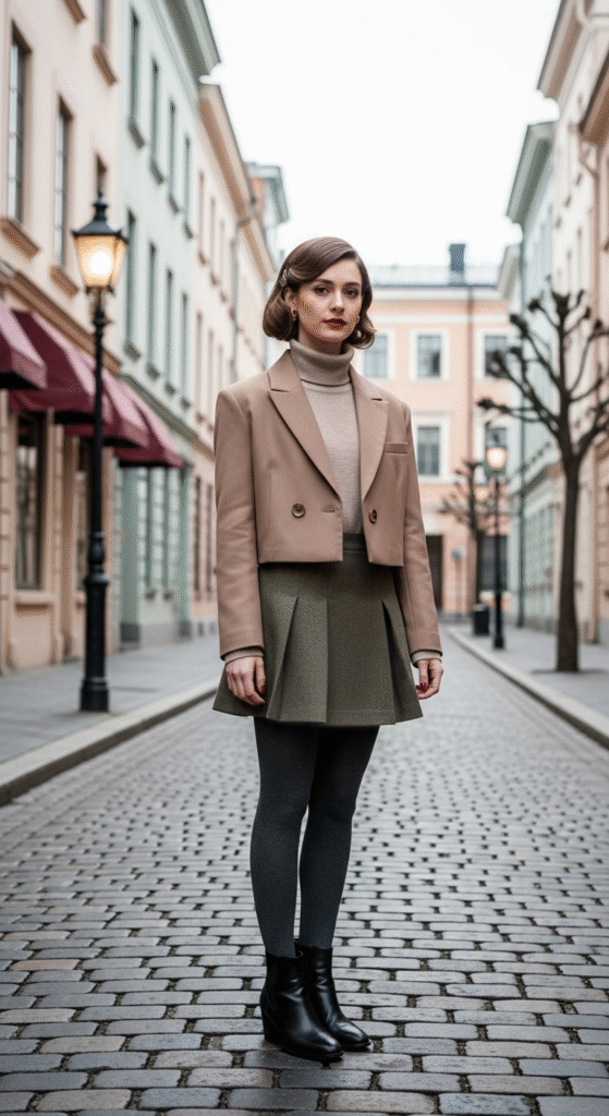 Turtleneck Sweater with Pleated Mini Skirt
