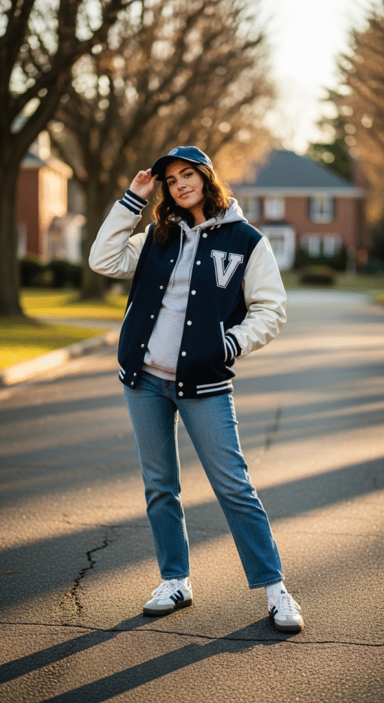 Varsity Jacket with Straight-Leg Jeans - Winter Streetwear Outfit Ideas
