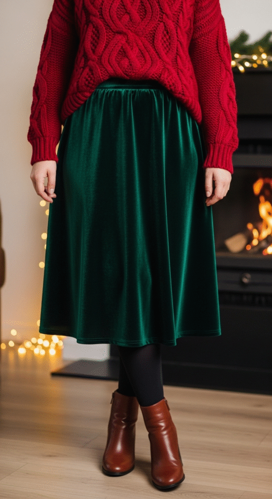 Velvet Skirt with Statement Sweater - Chic Winter Outfits with Skirts & Tights